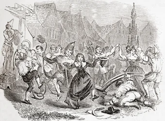 Célébrations du Plough Monday, la danse de Bessie et le Clown, tirée de Old England: A Pictorial Museum, pub. 1847