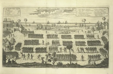 Procession vers le temple du Grand Serpent lors du couronnement du roi, illustration tirée de «Nouvelle collection générale de voyages et de récits de voyage, ... comprenant tout ce qui est remarquable en son genre en Europe, en Asie, en Afrique et en