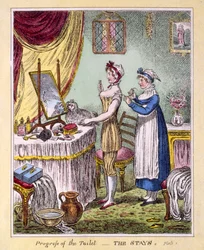Progression de la toilette - Les corsets, Planche 1, pub. par McCleary, Londres, 1810 (gravure en couleur)