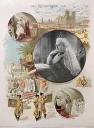 La reine Victoria lors de son jubilé de diamant en 1897 avec certains des principaux événements de sa vie