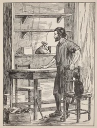 Robinson Crusoé construisant une table et des chaises pour sa grotte, illustration de L
