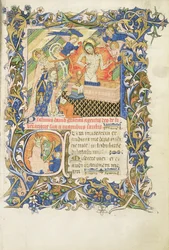 Figure couronnée soutenue par un saint à la barbe grise agenouillé devant une image de Pitié, du 
