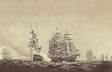 Le navire russe Vsevolod abaissant ses couleurs devant le HMS Implacable, attaché à la marine suédoise et commandé par le capitaine Thomas Byam Martin, dans la Baltique, 26 août 1808