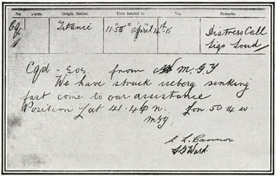 Message SOS reçu par le vapeur russe, Birma, environ cinq minutes après que le Titanic a heurté un iceberg le 15 avril 1912, de "The Sphere", 04 mai 1912