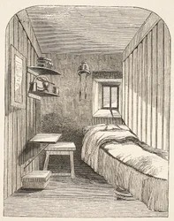 Cellule de couchage séparée dans une des nouvelles ailes de la prison pour femmes de Brixton, illustration de The Criminal Prisons of London and Scenes from Prison Life par Henry Mayhew et John Binny, pub