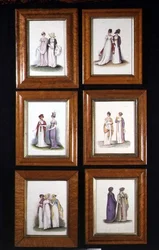 Six miniatures représentant la mode des femmes de la fin du XVIIIe et du début du XIXe siècle, vers 1825