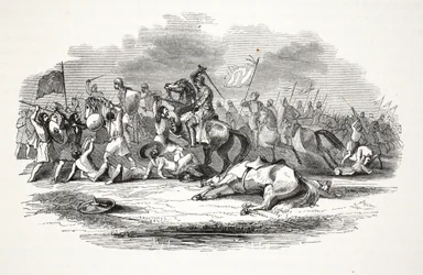 Escarmouche à proximité du château de Chirck, publié au 19ème siècle (gravure sur acier)