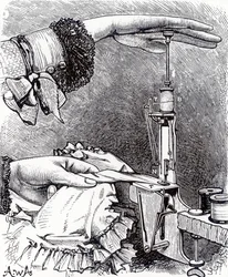 Petite machine à coudre à point noué, huit pouces de long, pesant 8 onces, de Cassells Family Magazine, publié en 1886