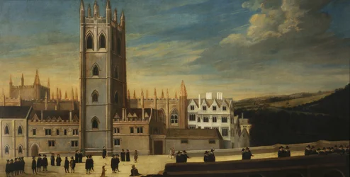 Façade sud de Magdalen avec de nombreuses figures au premier plan, c.1650