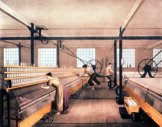 Mules à filer dans une usine de coton, vers 1935
