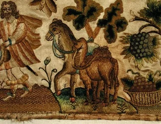 Broderie représentant une scène biblique, c.1650 (détail)