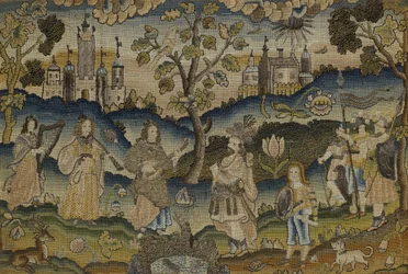 Broderie en relief avec scène de cinq musiciens dans un jardin avec arbre, milieu du XVIIe siècle