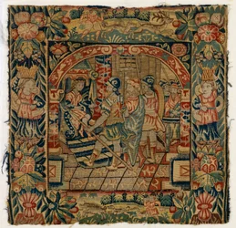 Housse de coussin en tapisserie représentant Les Anciens devant Daniel, fabriquée à Sheldon, Angleterre, après 1600