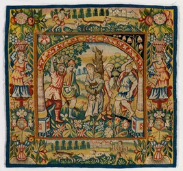 Housse de coussin en tapisserie représentant La Lapidation des Anciens (une des six tapisseries Sheldon, comprenant 47.9 à 47.14), fabriquée à Sheldon, Angleterre, si authentique