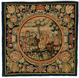 Housse de coussin en tapisserie représentant la Fuite en Égypte