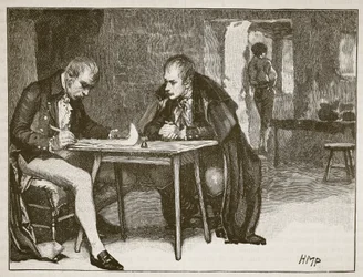 Les agents de la Grande-Bretagne et de la Suède signant le traité contre Napoléon (illustration de Cassells Illustrated History of England)