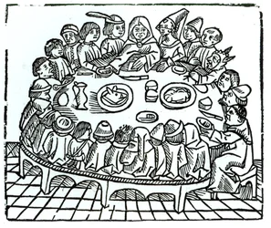 Les pèlerins de Canterbury prenant un repas partagé, illustration des 
