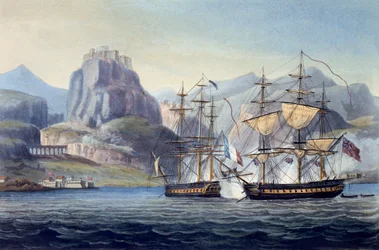La capture du Var par le HMS Belle Poule au large de Corfou, 1809, de The Naval Chronology of Great Britain, par J. Ralfe