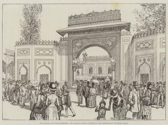Exposition coloniale et indienne, la porte de Gwalior, entrée de la cour du palais indien (gravure)