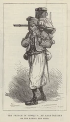 Les Français au Tonkin, un soldat arabe en marche, le fifre (gravure)