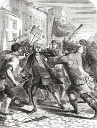 Les émeutiers "No-Popery" attaquent des membres du Parlement à Palace Yard, Westminster, Londres, Angleterre pendant les émeutes de Gordon de 1780