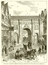 Le vieux Temple Bar en bois (érigé sous le règne de Jacques Ier)