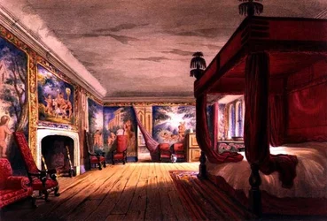 La Chambre Rouge, Maison Cotehele, vers 1830-40 (lithographie en couleur)