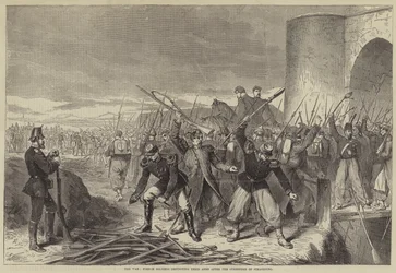 La guerre, soldats français détruisant leurs armes après la reddition de Strasbourg (gravure)