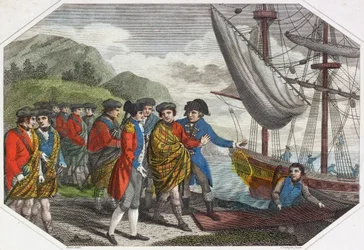Le Jeune Prétendant après sa défaite à Culloden embarquant pour la France (gravure en couleur)