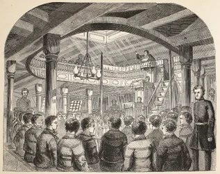 La chapelle des condamnés à bord du Defence hulk à Woolwich, illustration de The Criminal Prisons of London and Scenes from Prison Life par Henry Mayhew et John Binny, pub. 1862
