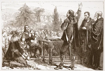 Le serment et la signature du National Covenant dans le cimetière de Greyfriars, à Édimbourg, illustration tirée de The History of Protestantism de James Aitken Wylie (1808-1890), publiée en 1878