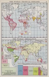 Le monde, maladies tropicales, Le monde, émigration (lithographie en couleur)