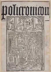 Page de titre du Polychronicon de Ranulf Higden (d.1364) imprimé par Wynkyn de Worde, 1495