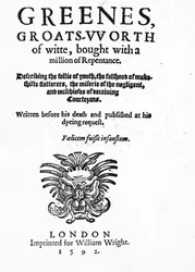 Page de titre de Greenes Groats-Worth of Wit, attribué à Robert Greene, publié en 1592
