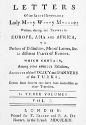 Page de titre de Lettres de la Très Honorable Lady Mary Wortley Montagu, écrites pendant ses voyages en Europe, Asie et Afrique, publiées en 1763