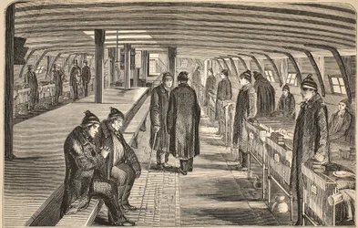 Pont supérieur du navire-hôpital Unite, attaché aux hulks à Woolwich, illustration de The Criminal Prisons of London and Scenes from Prison Life par Henry Mayhew et John Binny, pub. 1862 (gravure)