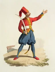 Soldat turc, de Costumes des diverses nations, Volume VII, Le Costume militaire de la Turquie, par Thomas MacLean, publié c.1800-18