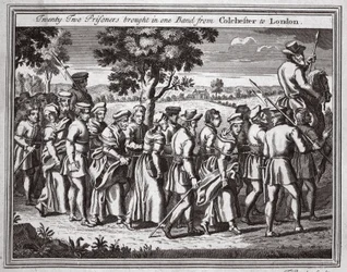 Vingt-deux prisonniers amenés en une seule bande de Colchester à Londres, illustration des Martyrs de Foxe vers 1703