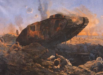 Char britannique en action sur le front occidental pendant la Première Guerre mondiale