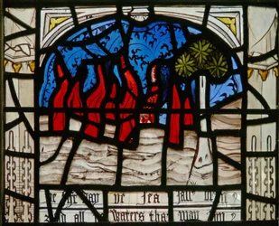 Fenêtre N3 représentant les Quinze Derniers Jours du Monde (la fenêtre du Pryke de Conscience) : la mer prend feu