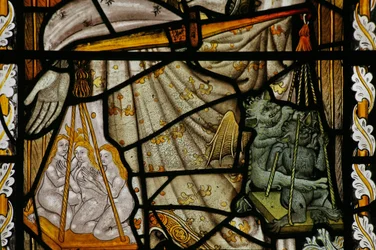 Fenêtre Na représentant les balances de Saint Michel avec le diable et des âmes dans les balances