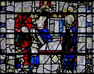 Fenêtre w6 représentant une scène de la vie de Saint Nicolas ; bordure avec des figures