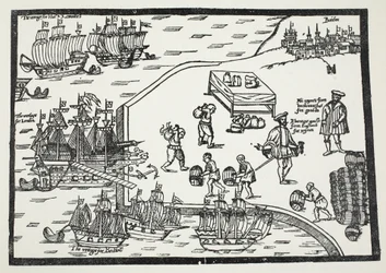 Gravure sur bois illustrant le commerce du vin entre Bordeaux et l