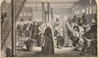 Salle de travail, sur le système silencieux, à la maison de correction, Tothill Fields, illustration de The Criminal Prisons of London and Scenes from Prison Life par Henry Mayhew et John Binny, pub. 1862 (gravure)