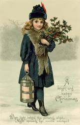 Jeune fille avec du houx et une lanterne, carte postale, début du 20ème siècle