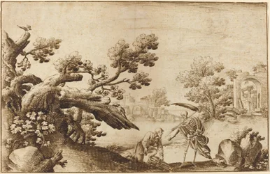La mort et le bûcheron dans un paysage côtier avec des ruines