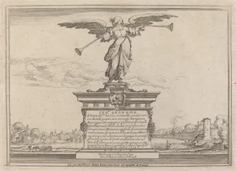 Page de dédicace avec statue de Fama