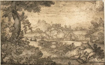 Paysage avec figures liant du blé au premier plan