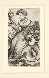 Femme et armoiries avec un paon