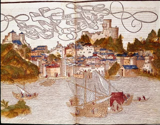 Le port de Corfou en Grèce Page tirée du livre de voyage « Peregrinatio in terram sanctam » après le pèlerinage en Terre Sainte de Bernard de Breydenbach (1454-1497) illustré par des gravures d
